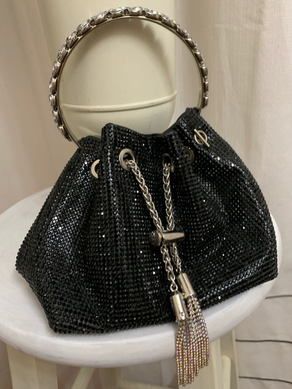 Black Crystal Drawstring Evening Bag Silver Chain Strap with Crystal Ring Handle